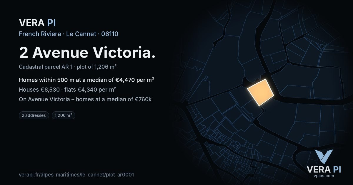 2 Avenue Victoria, Le Cannet at night – the plot lit, the parcels around coloured by the prices near them