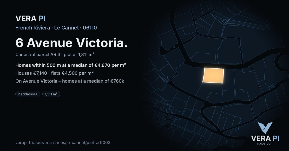 6 Avenue Victoria, Le Cannet at night – the plot lit, the parcels around coloured by the prices near them
