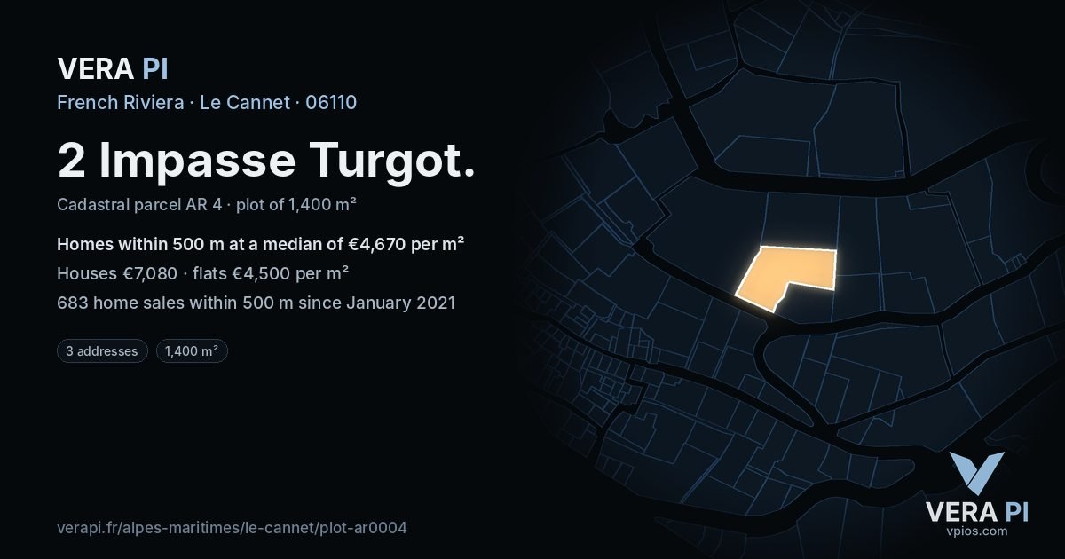 2 Impasse Turgot, Le Cannet at night – the plot lit, the parcels around coloured by the prices near them