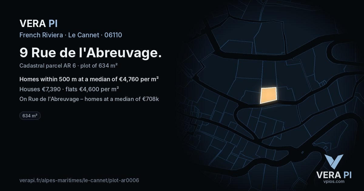 9 Rue de l'Abreuvage, Le Cannet at night – the plot lit, the parcels around coloured by the prices near them