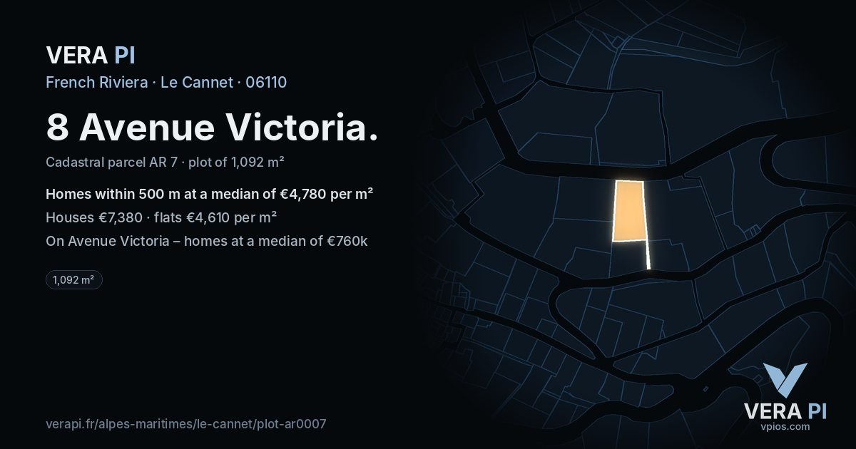 8 Avenue Victoria, Le Cannet at night – the plot lit, the parcels around coloured by the prices near them