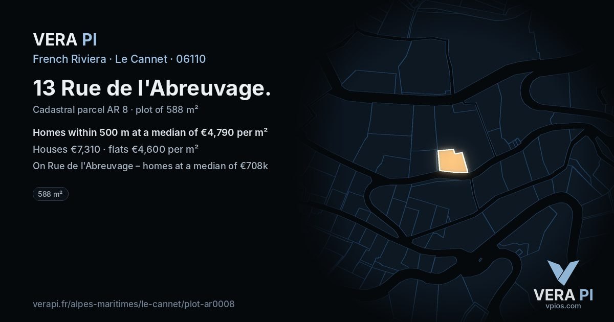 13 Rue de l'Abreuvage, Le Cannet at night – the plot lit, the parcels around coloured by the prices near them