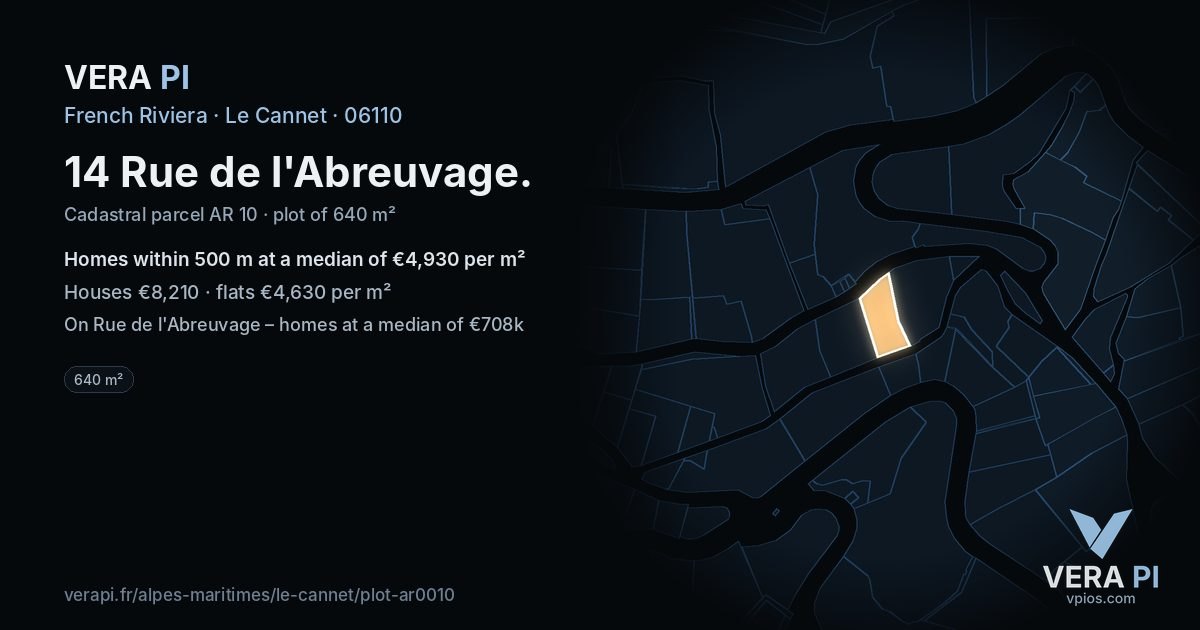 14 Rue de l'Abreuvage, Le Cannet at night – the plot lit, the parcels around coloured by the prices near them