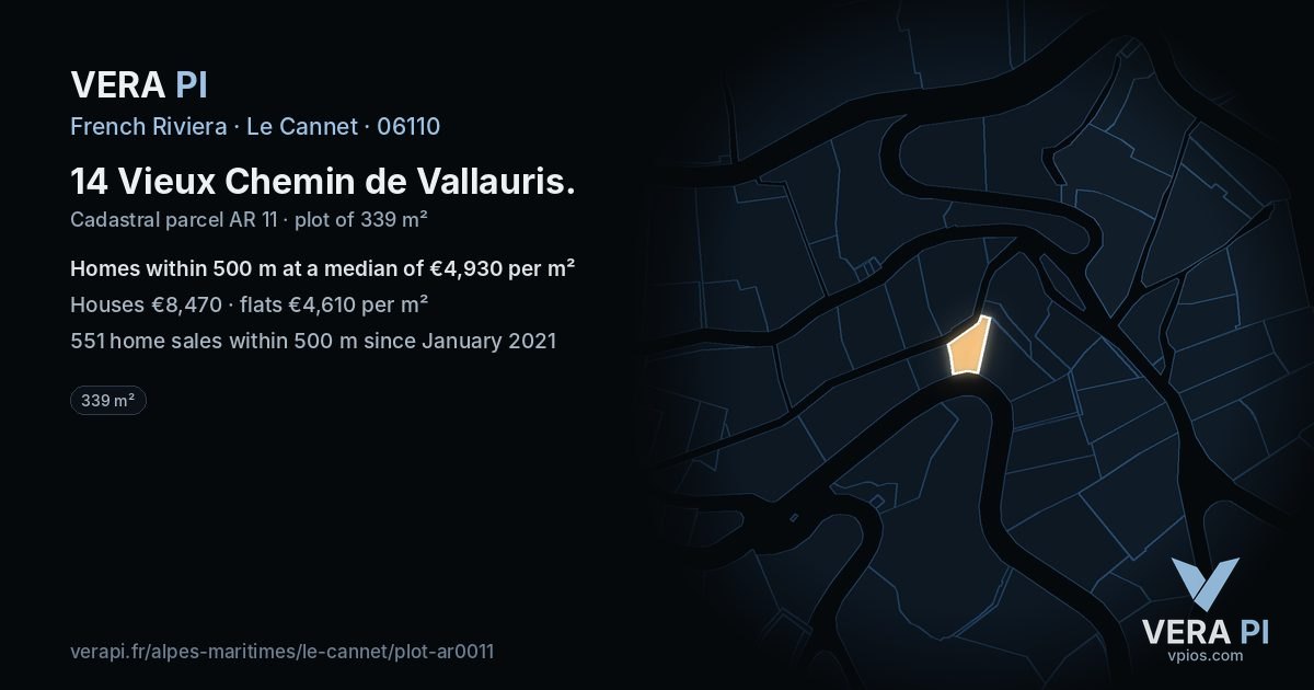 14 Vieux Chemin de Vallauris, Le Cannet at night – the plot lit, the parcels around coloured by the prices near them