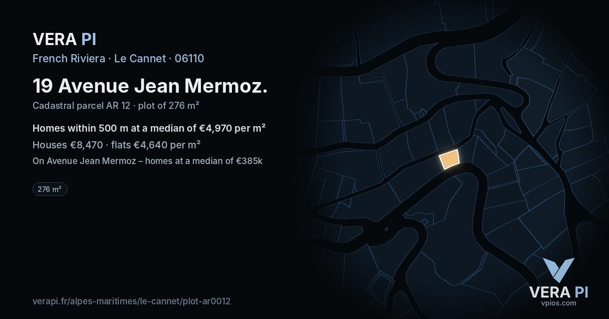 19 Avenue Jean Mermoz, Le Cannet at night – the plot lit, the parcels around coloured by the prices near them