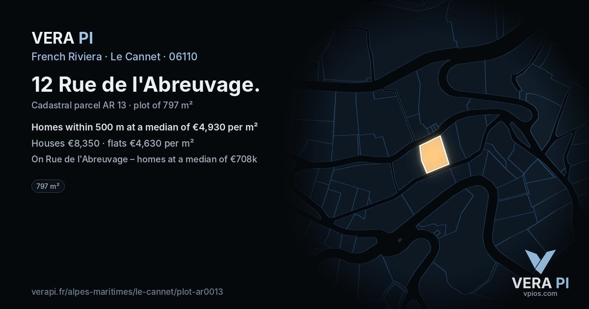 12 Rue de l'Abreuvage, Le Cannet at night – the plot lit, the parcels around coloured by the prices near them