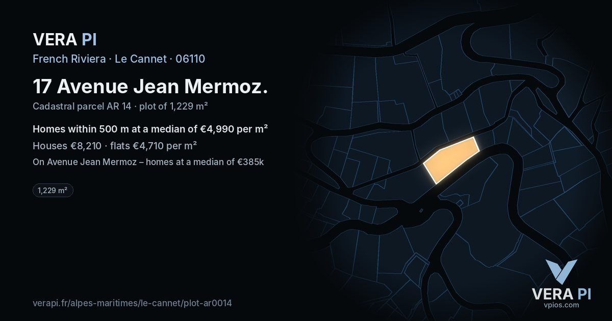 17 Avenue Jean Mermoz, Le Cannet at night – the plot lit, the parcels around coloured by the prices near them