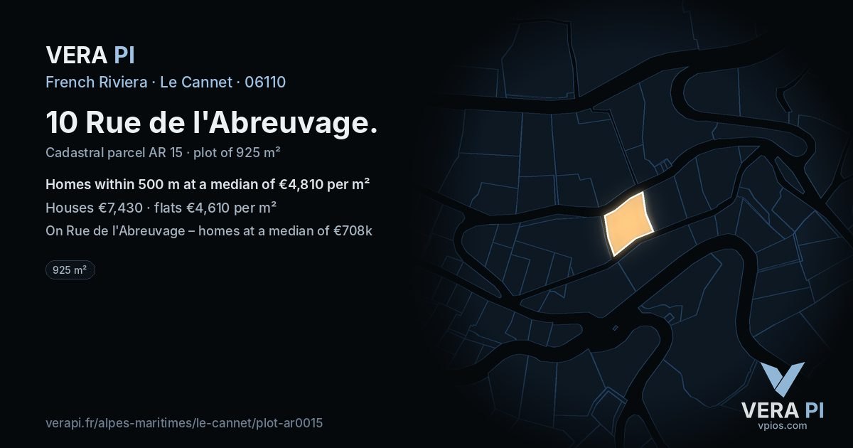 10 Rue de l'Abreuvage, Le Cannet at night – the plot lit, the parcels around coloured by the prices near them