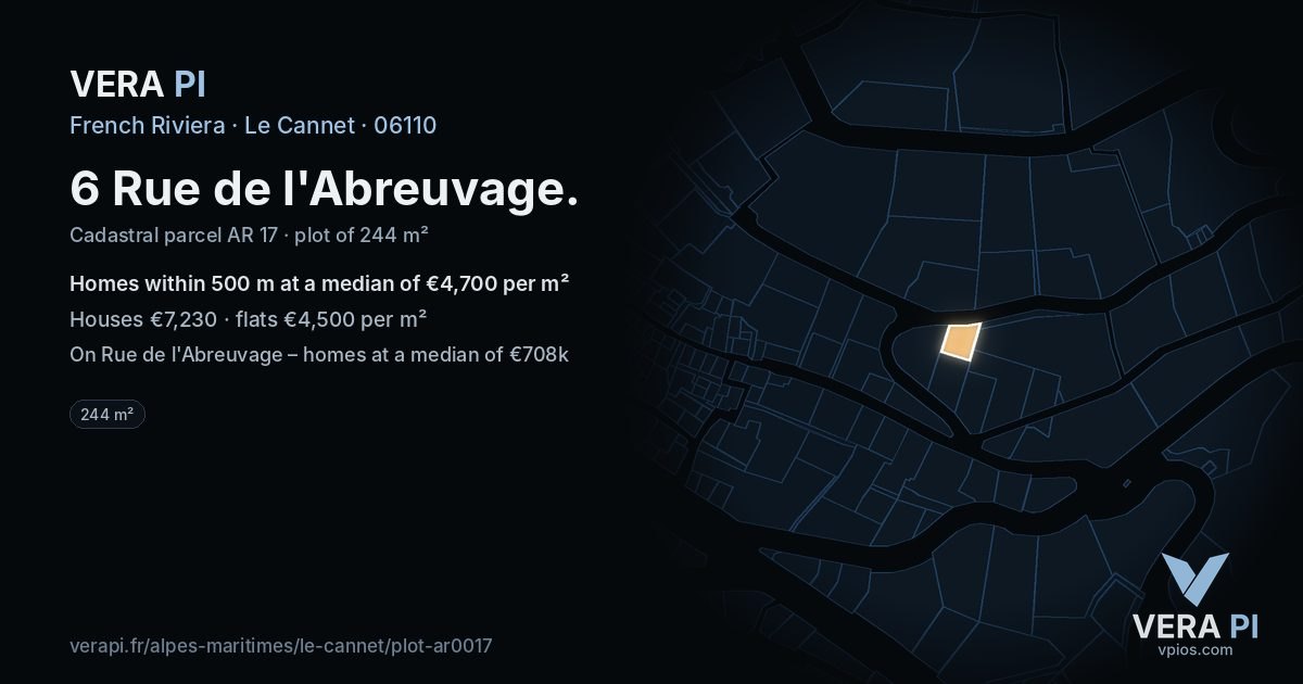 6 Rue de l'Abreuvage, Le Cannet at night – the plot lit, the parcels around coloured by the prices near them