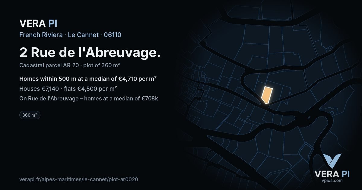 2 Rue de l'Abreuvage, Le Cannet at night – the plot lit, the parcels around coloured by the prices near them