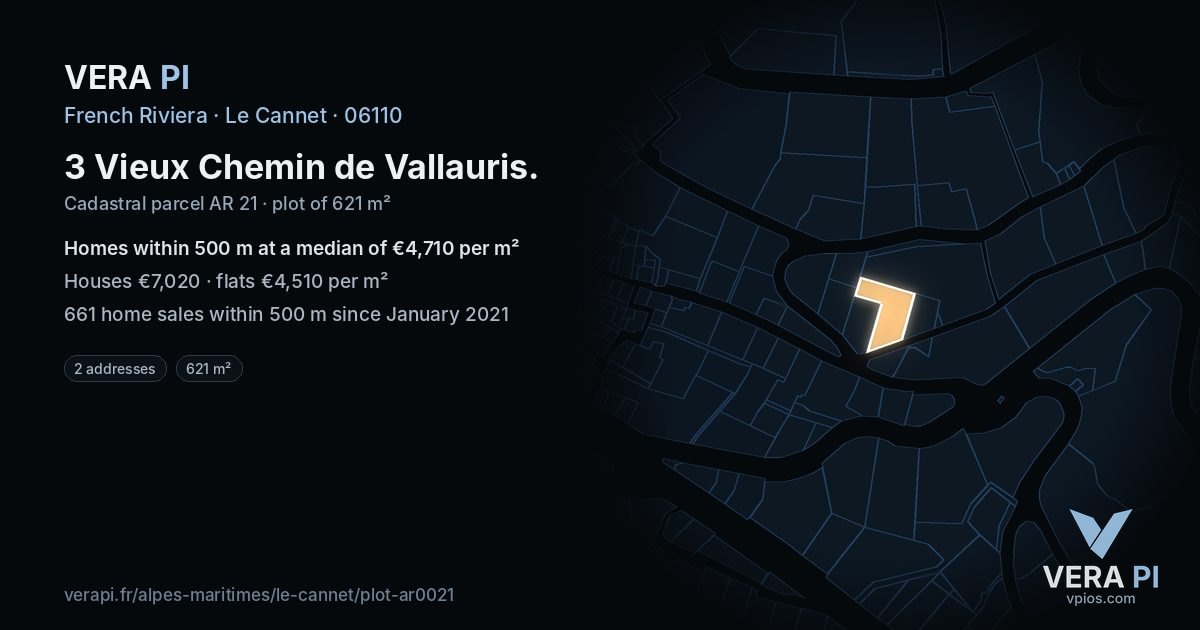 3 Vieux Chemin de Vallauris, Le Cannet at night – the plot lit, the parcels around coloured by the prices near them