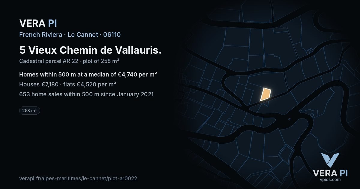 5 Vieux Chemin de Vallauris, Le Cannet at night – the plot lit, the parcels around coloured by the prices near them