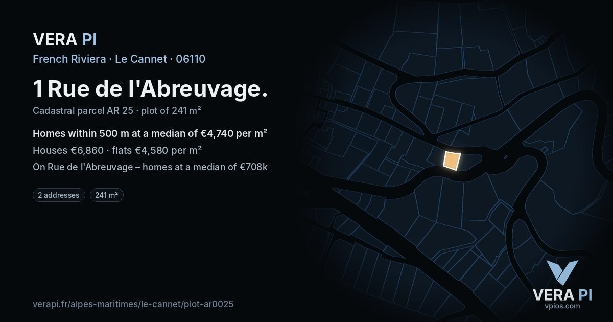 1 Rue de l'Abreuvage, Le Cannet at night – the plot lit, the parcels around coloured by the prices near them