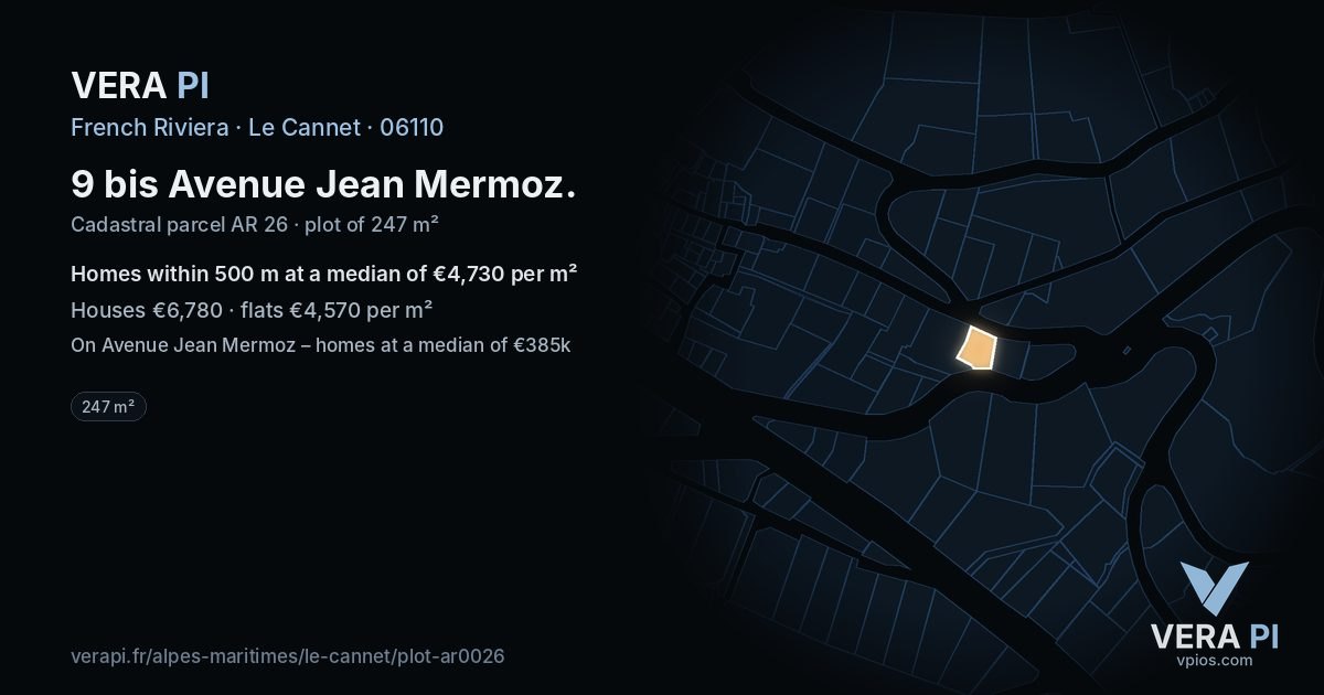 9 bis Avenue Jean Mermoz, Le Cannet at night – the plot lit, the parcels around coloured by the prices near them