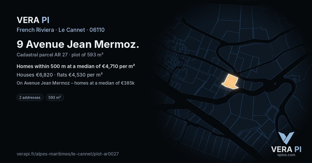 9 Avenue Jean Mermoz, Le Cannet at night – the plot lit, the parcels around coloured by the prices near them