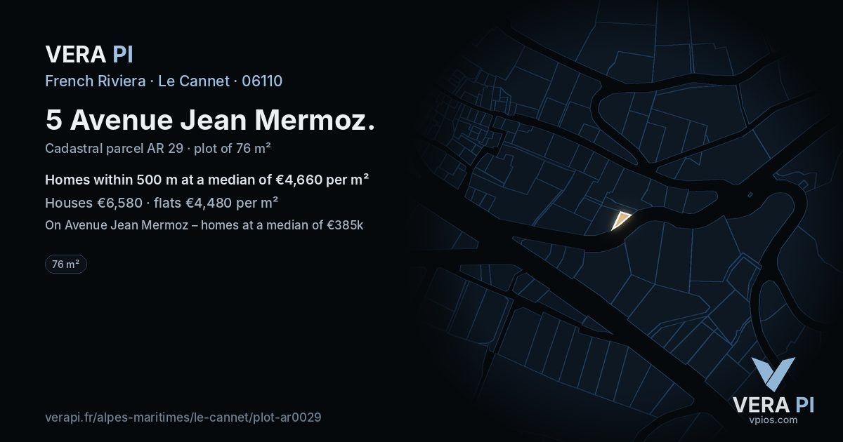 5 Avenue Jean Mermoz, Le Cannet at night – the plot lit, the parcels around coloured by the prices near them
