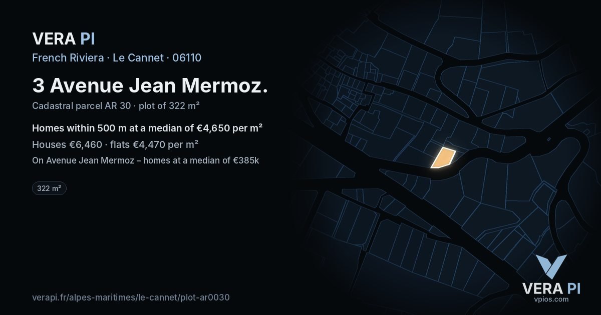 3 Avenue Jean Mermoz, Le Cannet at night – the plot lit, the parcels around coloured by the prices near them