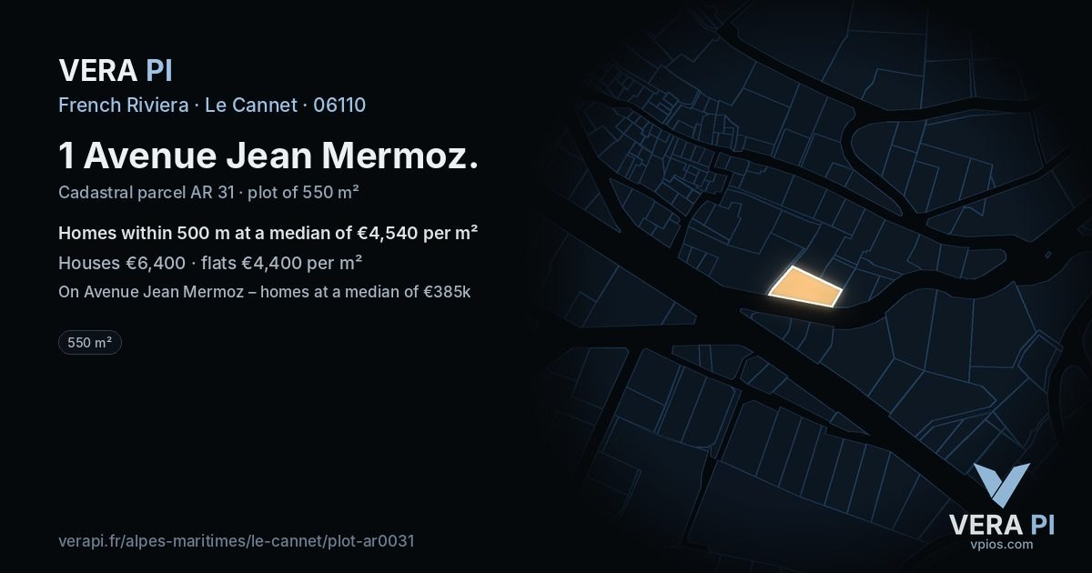 1 Avenue Jean Mermoz, Le Cannet at night – the plot lit, the parcels around coloured by the prices near them