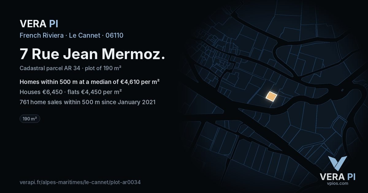 7 Rue Jean Mermoz, Le Cannet at night – the plot lit, the parcels around coloured by the prices near them