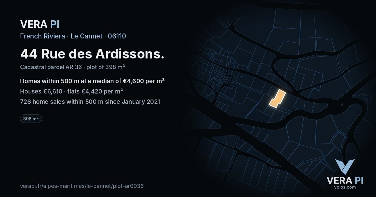 44 Rue des Ardissons, Le Cannet at night – the plot lit, the parcels around coloured by the prices near them
