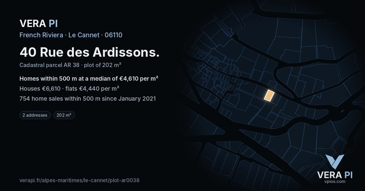 40 Rue des Ardissons, Le Cannet at night – the plot lit, the parcels around coloured by the prices near them