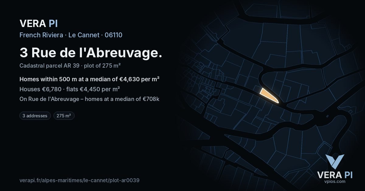 3 Rue de l'Abreuvage, Le Cannet at night – the plot lit, the parcels around coloured by the prices near them