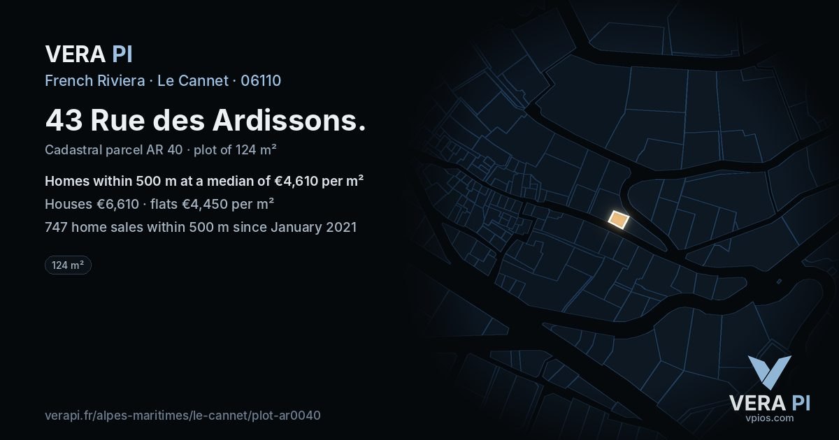 43 Rue des Ardissons, Le Cannet at night – the plot lit, the parcels around coloured by the prices near them