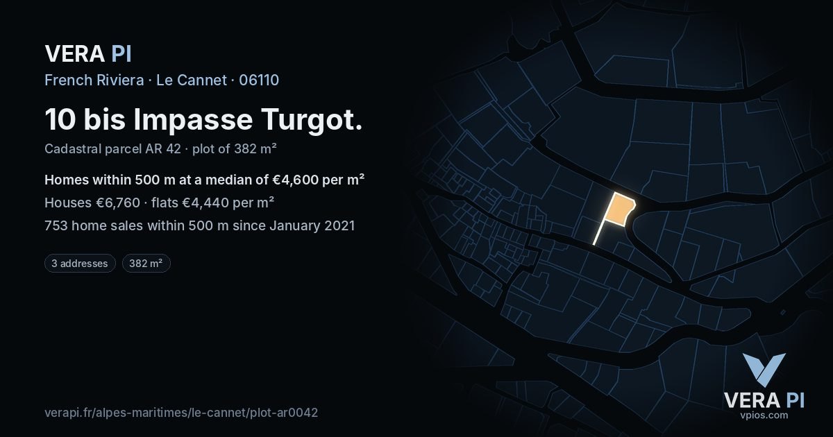 10 bis Impasse Turgot, Le Cannet at night – the plot lit, the parcels around coloured by the prices near them