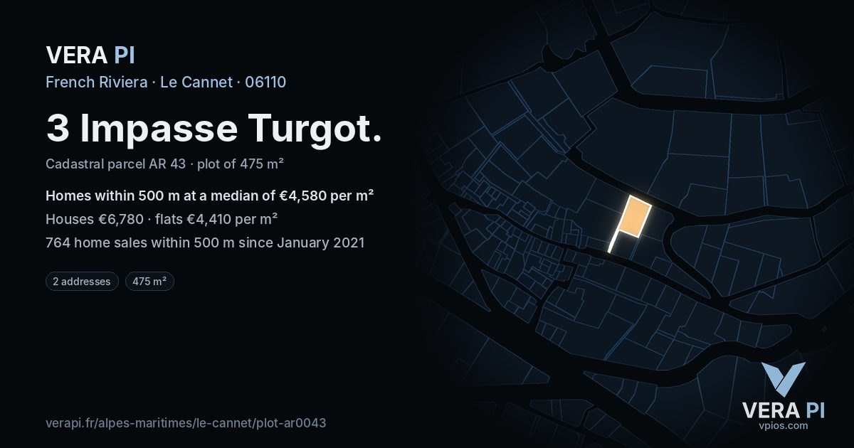 3 Impasse Turgot, Le Cannet at night – the plot lit, the parcels around coloured by the prices near them