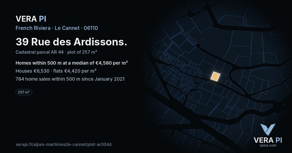 39 Rue des Ardissons, Le Cannet at night – the plot lit, the parcels around coloured by the prices near them