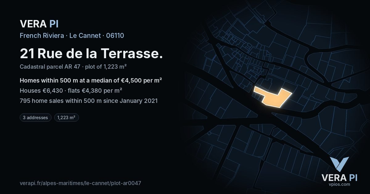 21 Rue de la Terrasse, Le Cannet at night – the plot lit, the parcels around coloured by the prices near them
