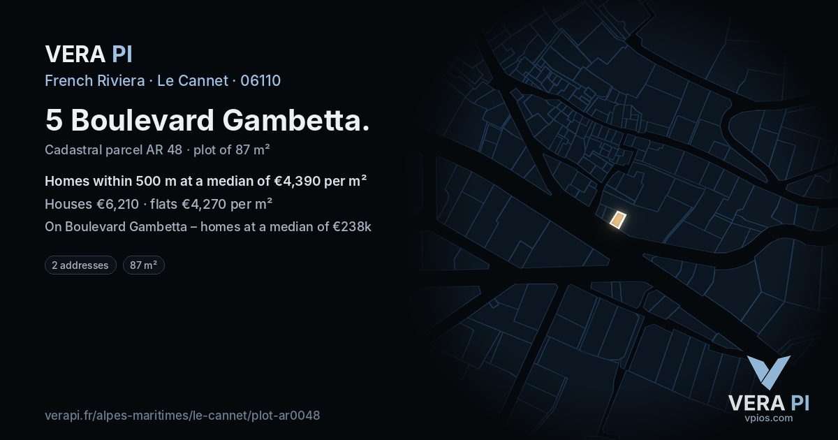 5 Boulevard Gambetta, Le Cannet at night – the plot lit, the parcels around coloured by the prices near them
