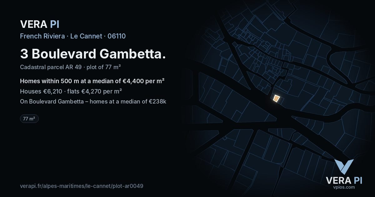 3 Boulevard Gambetta, Le Cannet at night – the plot lit, the parcels around coloured by the prices near them