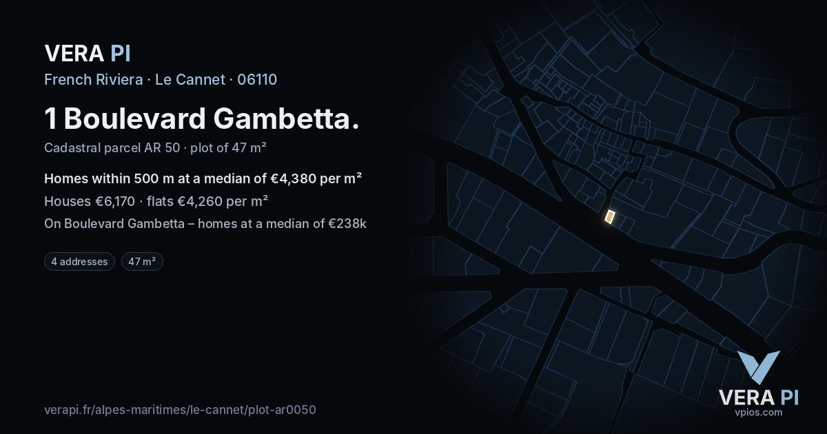 1 Boulevard Gambetta, Le Cannet at night – the plot lit, the parcels around coloured by the prices near them