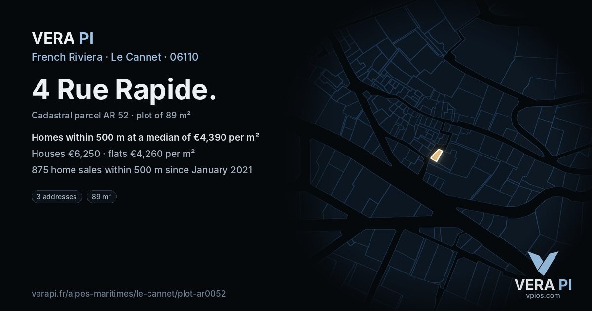 4 Rue Rapide, Le Cannet at night – the plot lit, the parcels around coloured by the prices near them