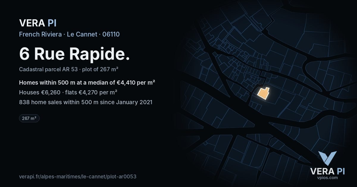 6 Rue Rapide, Le Cannet at night – the plot lit, the parcels around coloured by the prices near them