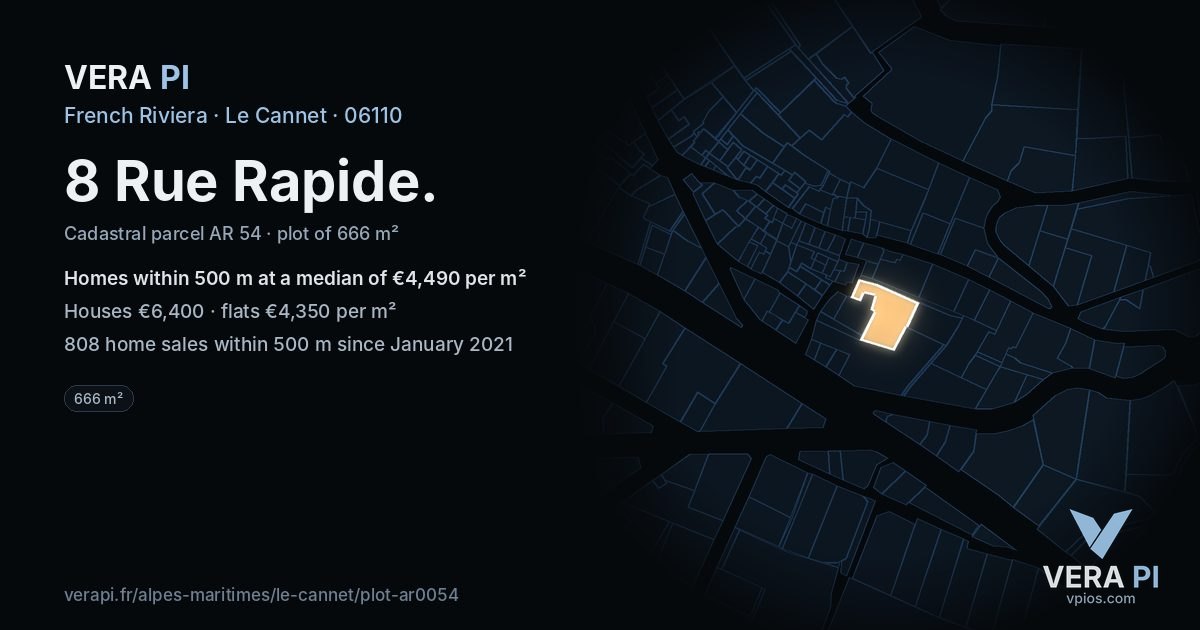 8 Rue Rapide, Le Cannet at night – the plot lit, the parcels around coloured by the prices near them