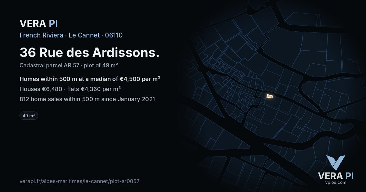 36 Rue des Ardissons, Le Cannet at night – the plot lit, the parcels around coloured by the prices near them