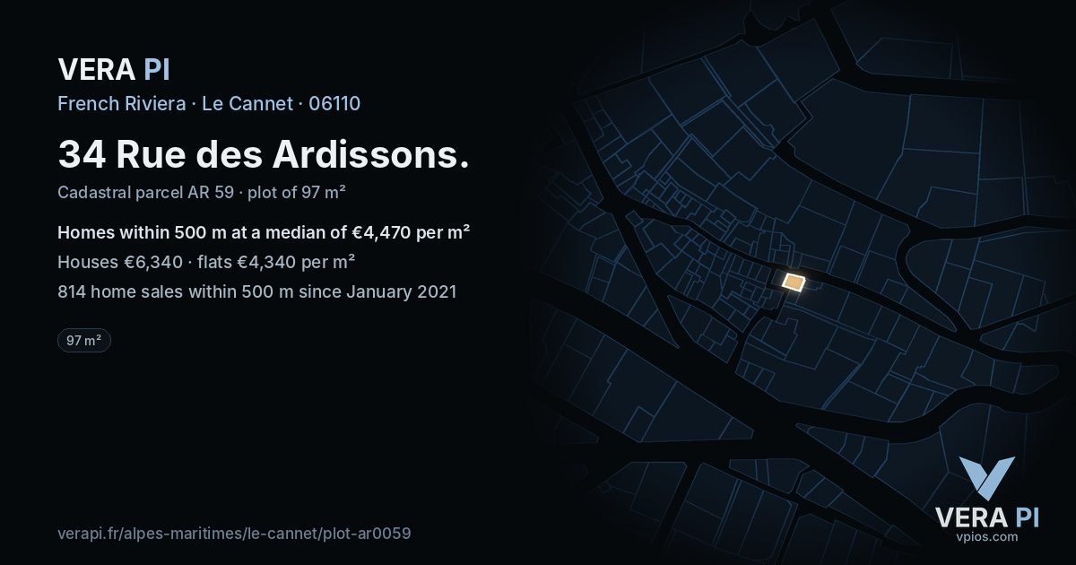 34 Rue des Ardissons, Le Cannet at night – the plot lit, the parcels around coloured by the prices near them