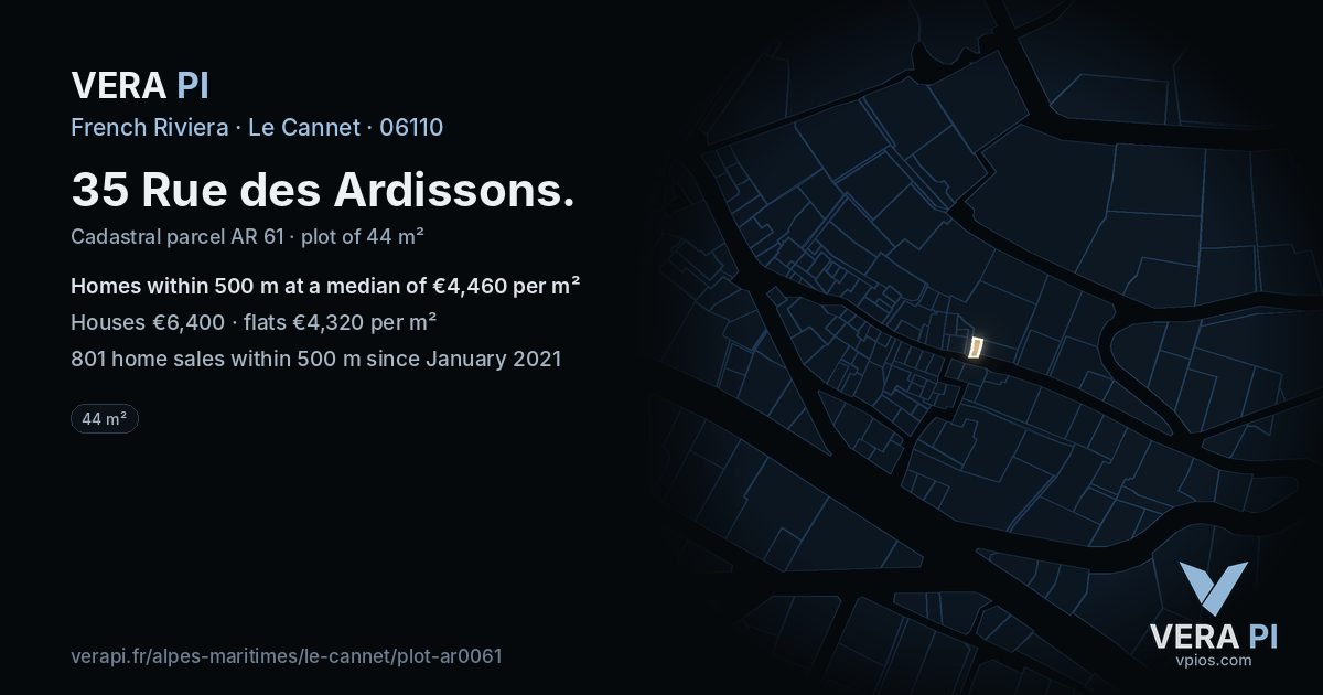 35 Rue des Ardissons, Le Cannet at night – the plot lit, the parcels around coloured by the prices near them