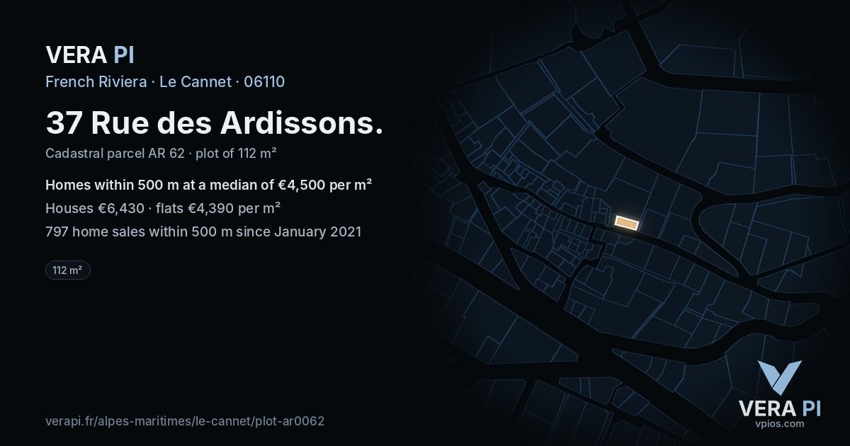 37 Rue des Ardissons, Le Cannet at night – the plot lit, the parcels around coloured by the prices near them