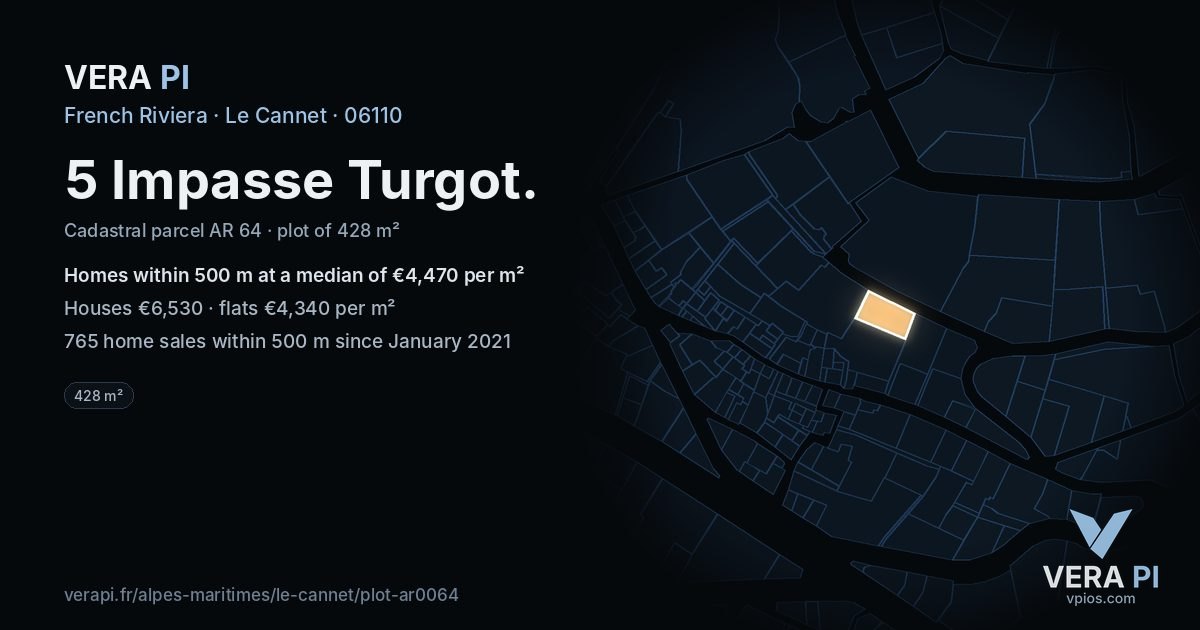 5 Impasse Turgot, Le Cannet at night – the plot lit, the parcels around coloured by the prices near them