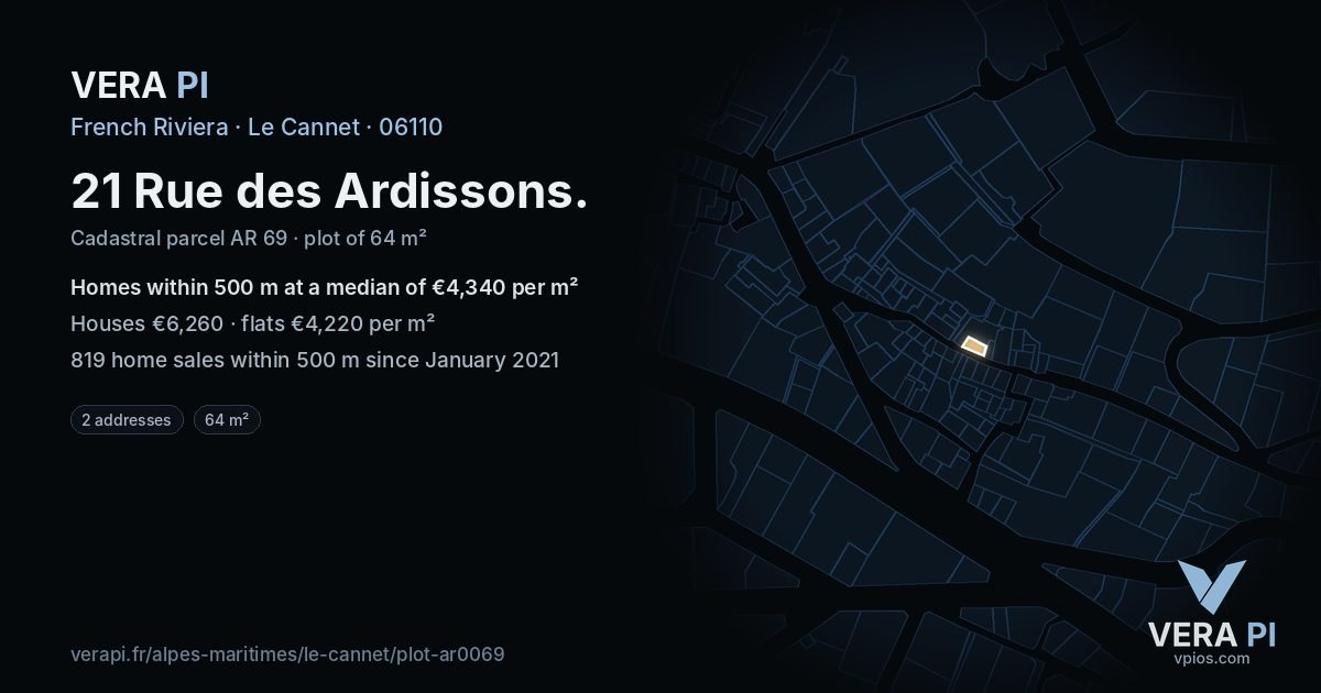 21 Rue des Ardissons, Le Cannet at night – the plot lit, the parcels around coloured by the prices near them