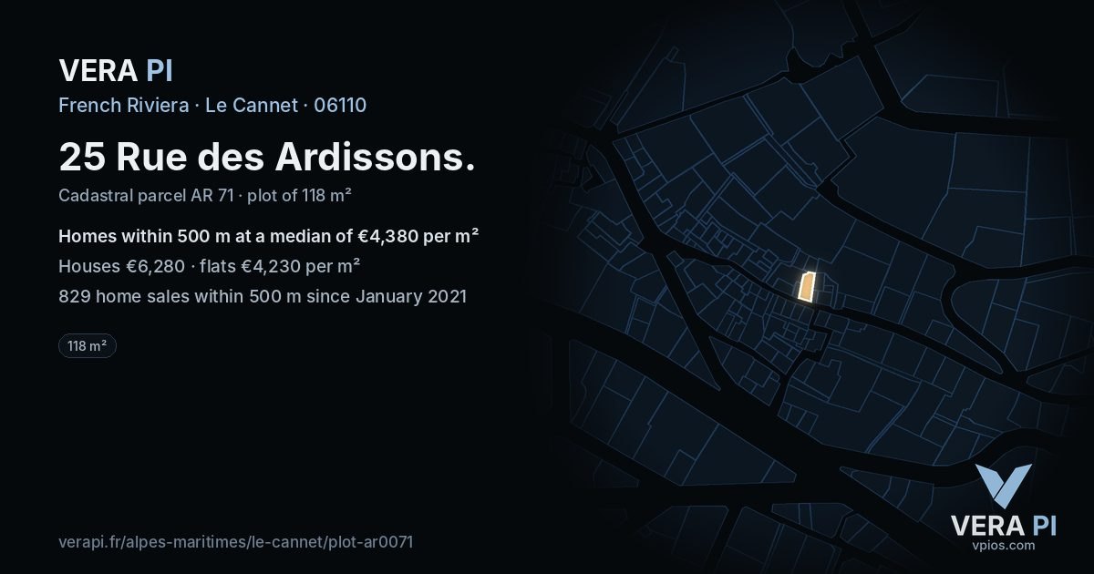 25 Rue des Ardissons, Le Cannet at night – the plot lit, the parcels around coloured by the prices near them