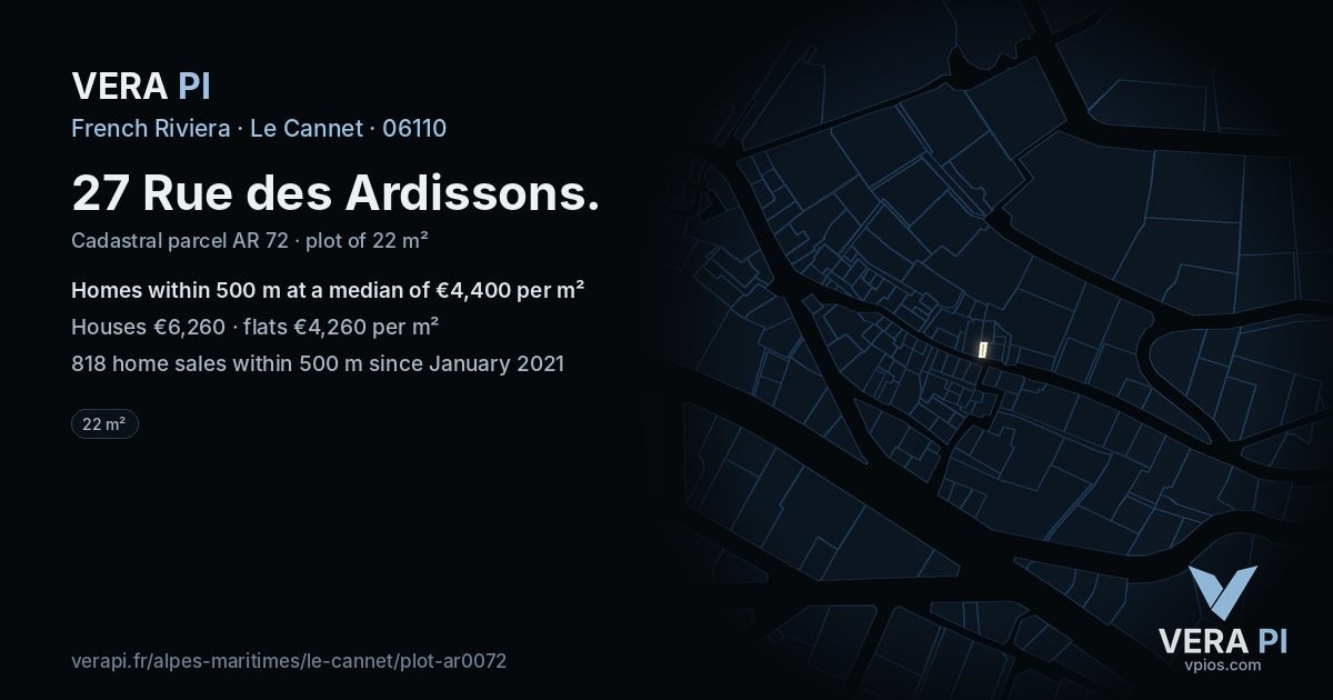 27 Rue des Ardissons, Le Cannet at night – the plot lit, the parcels around coloured by the prices near them