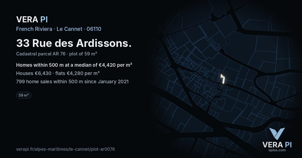 33 Rue des Ardissons, Le Cannet at night – the plot lit, the parcels around coloured by the prices near them