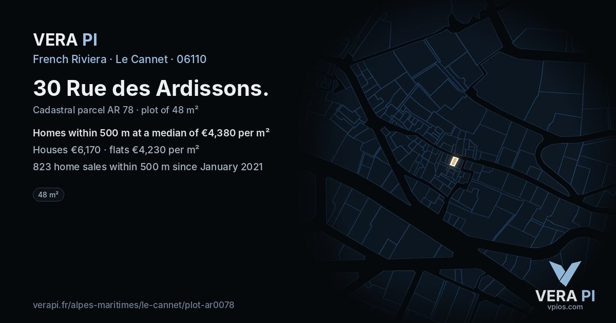 30 Rue des Ardissons, Le Cannet at night – the plot lit, the parcels around coloured by the prices near them