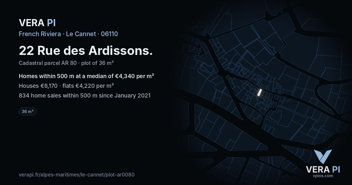 22 Rue des Ardissons, Le Cannet at night – the plot lit, the parcels around coloured by the prices near them