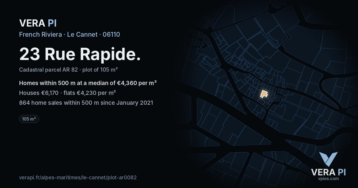 23 Rue Rapide, Le Cannet at night – the plot lit, the parcels around coloured by the prices near them
