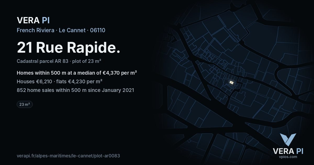 21 Rue Rapide, Le Cannet at night – the plot lit, the parcels around coloured by the prices near them